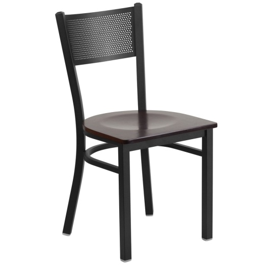 Hercules Series Black Grid Back Metal Restaurant Chair Walnut Wood Seat