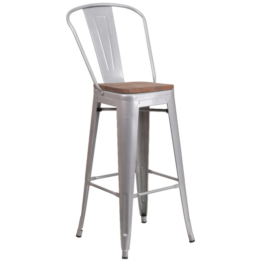Lily 30" High Silver Metal Barstool With Back And Wood Seat