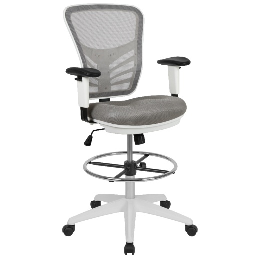 Tyler Midback Light Gray Mesh Ergonomic Drafting Chair With Adjustable Chrome Foot Ring, Adjustable Arms And White Frame