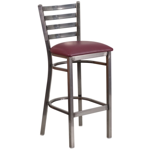 Hercules Series Silver Antique Finish With Clear Coat Ladder Back Metal Restaurant Barstool Burgundy Vinyl Seat