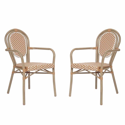 2 Pack Lourdes Indoor/Outdoor Commercial Thonet Bistro Stack Chair With Arms, Natural/White Pe Rattan And Bamboo Aluminum Frame In Lt Natural