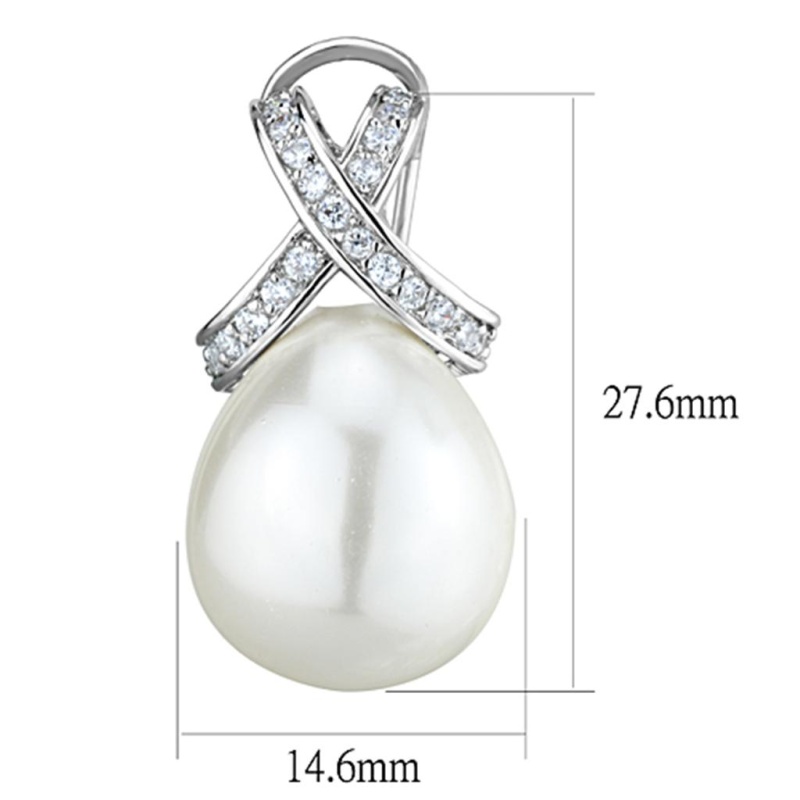 Rhodium Brass Earrings With Synthetic Pearl In White