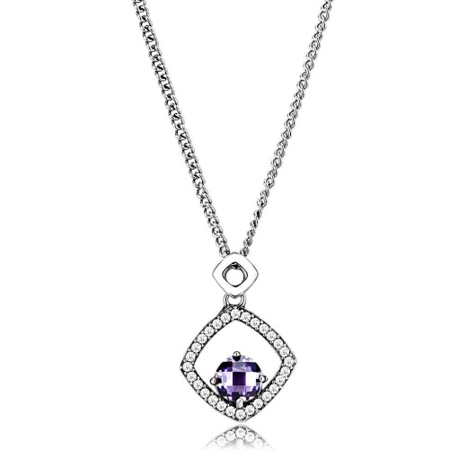Da229 - High Polished Stainless Steel Chain Pendant With AAA Grade CZ in Amethyst - 16"