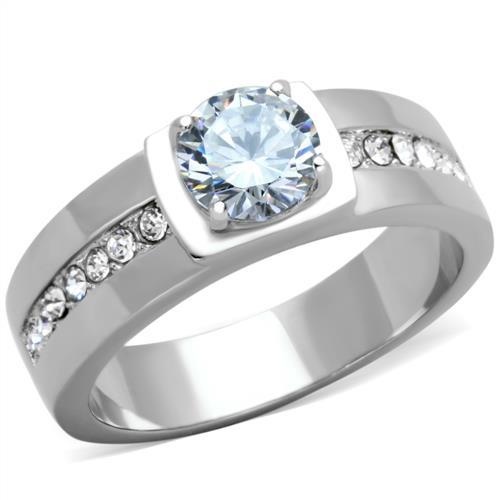 Tk1816 High Polished Stainless Steel Ring with AAA Grade CZ in Clear