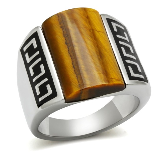 Tk328 - High Polished Stainless Steel Ring with Tiger Eye in Smoked Quartz