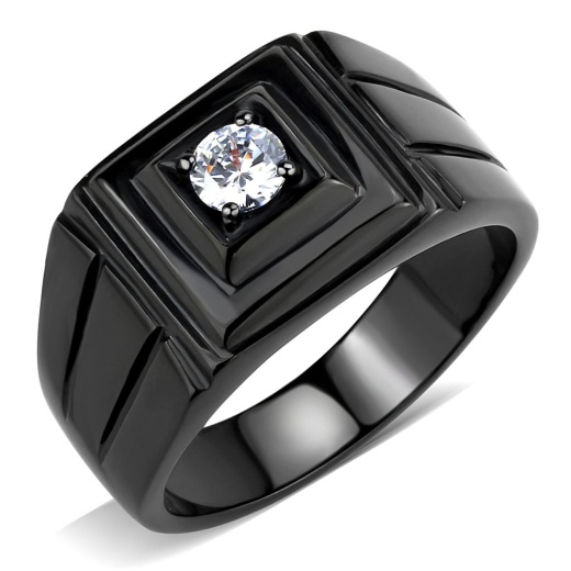 Tk3466 - Ip Black Stainless Steel Ring with AAA Grade CZ in Clear