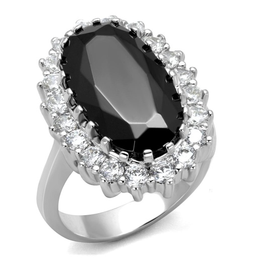 Lo4094 - Rhodium Brass Ring With AAA Grade CZ in Black Diamond