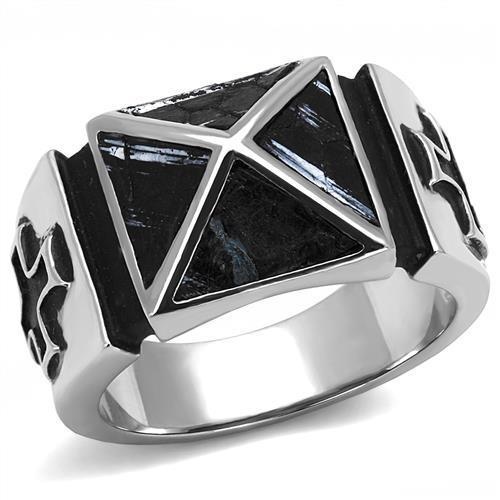 Tk3075 - High Polished (No Plating) Stainless Steel Ring With Leather In Jet