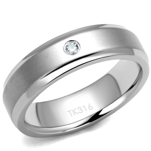 Alamode Tk2934 - High Polished Stainless Steel Ring with AAA Grade CZ in Clear