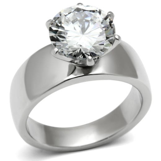 Alamode Tk520 - High Polished Stainless Steel Ring with AAA Grade CZ in Clear