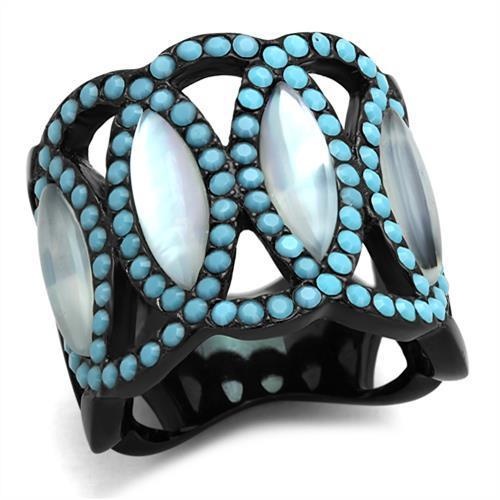 Alamode Tk1421 - IP Black Stainless Steel Ring with Precious Conch Stone in White