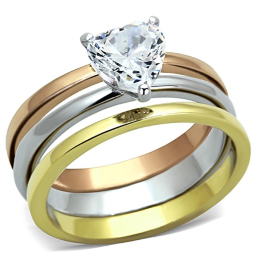 Alamode Tk1274 Three Tone Stainless Steel Ring with AAA Grade CZ in Clear