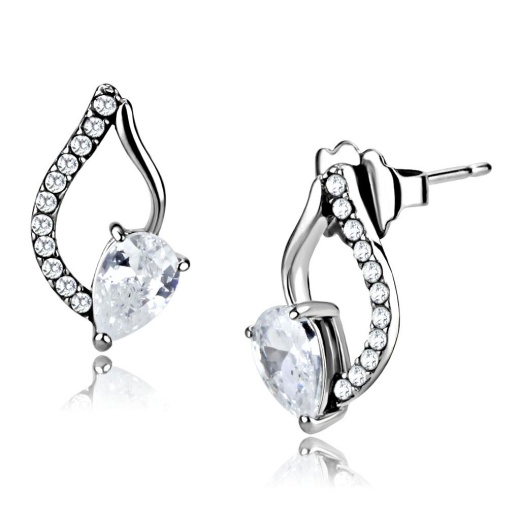 Alamode High Polished Stainless Steel Earrings With AAA Grade CZ in Clear