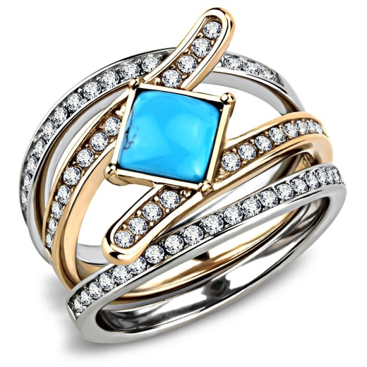 Tk3519 - Two-Tone Ip Rose Gold Stainless Steel Ring With Synthetic Turquoise In Sea Blue
