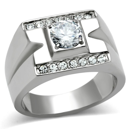 Tk316 High Polished Stainless Steel Ring with AAA Grade CZ in Clear - Alamode
