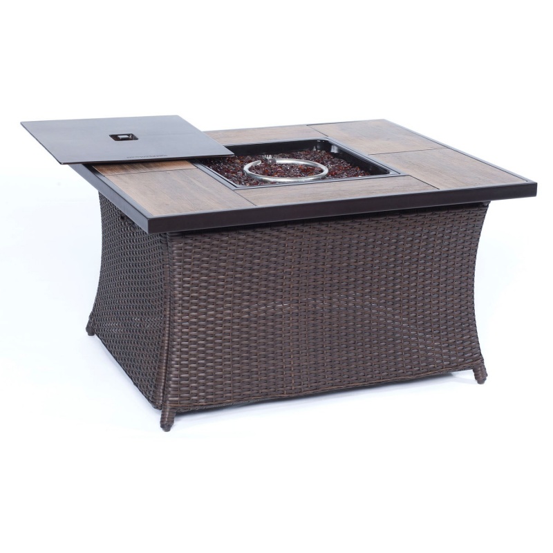 Hanover Woven Coffe Table Fire Pit With Wood Grain Tile Top And Lid - Brown/Wood Grain Top