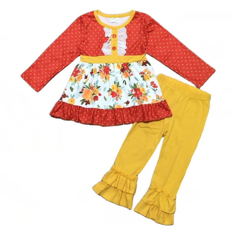 Boutique Girls Boutique Fall Floral Eyelet Tunic & Mustard Ruffle Pants Set