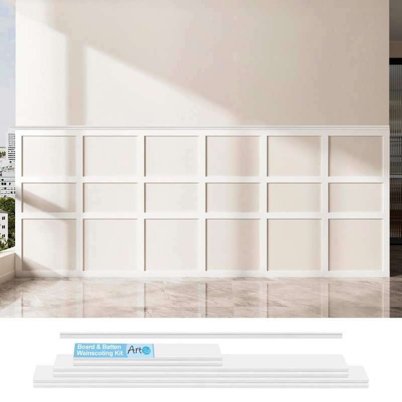 A20342wt25-Art3d Precut Board And Batten Wainscoting Panel Kit Covers 10Ft. - Paintable Molding Trim Slat With Edge Strip, Ready To Assemble Accent Wall Decor For Living Room Dining Room Hallway, White