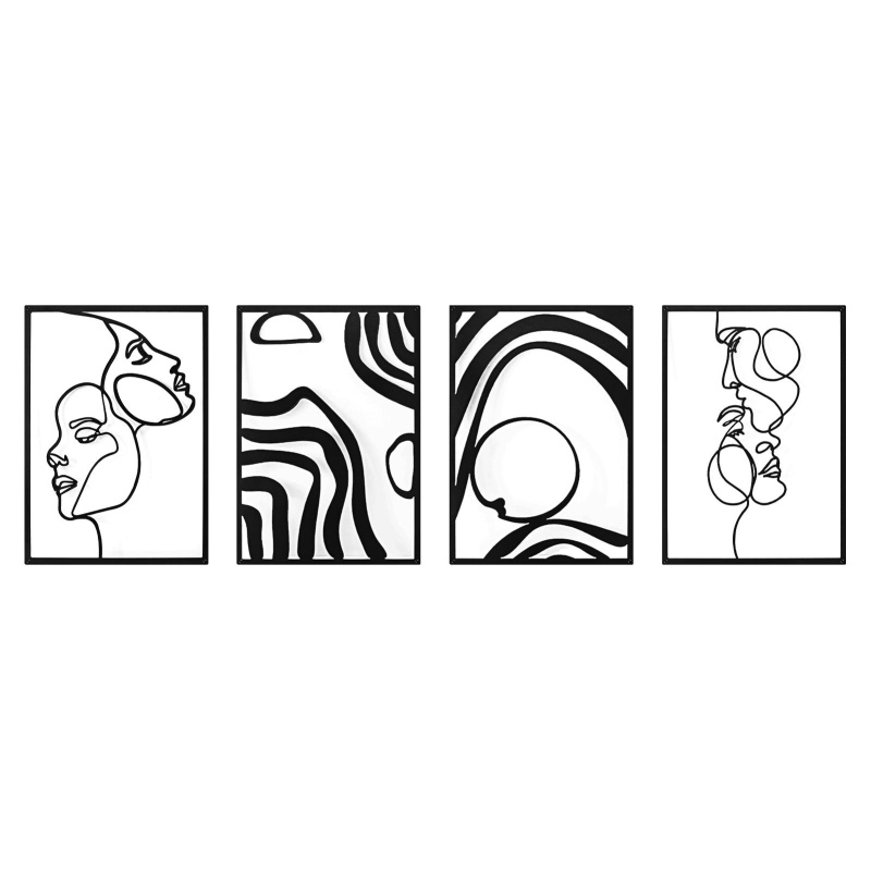 A22001bk05-Art3d Metal Wall Art, Set Of 4 Black Wall Decor For Living Room Bedroom Hallway Dining Room, Line Art Wall Decorate, Life And Romance Story Theme Minimalist Wall Art Style