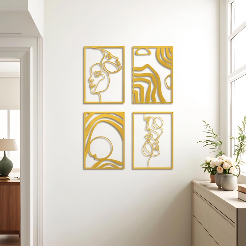A22001gd04-Art3d Metal Wall Art, Set Of 4 Gold Wall Decor For Living Room Bedroom Hallway Dining Room, Line Art Wall Decorate, Life And Romance Story Theme Minimalist Wall Art Style