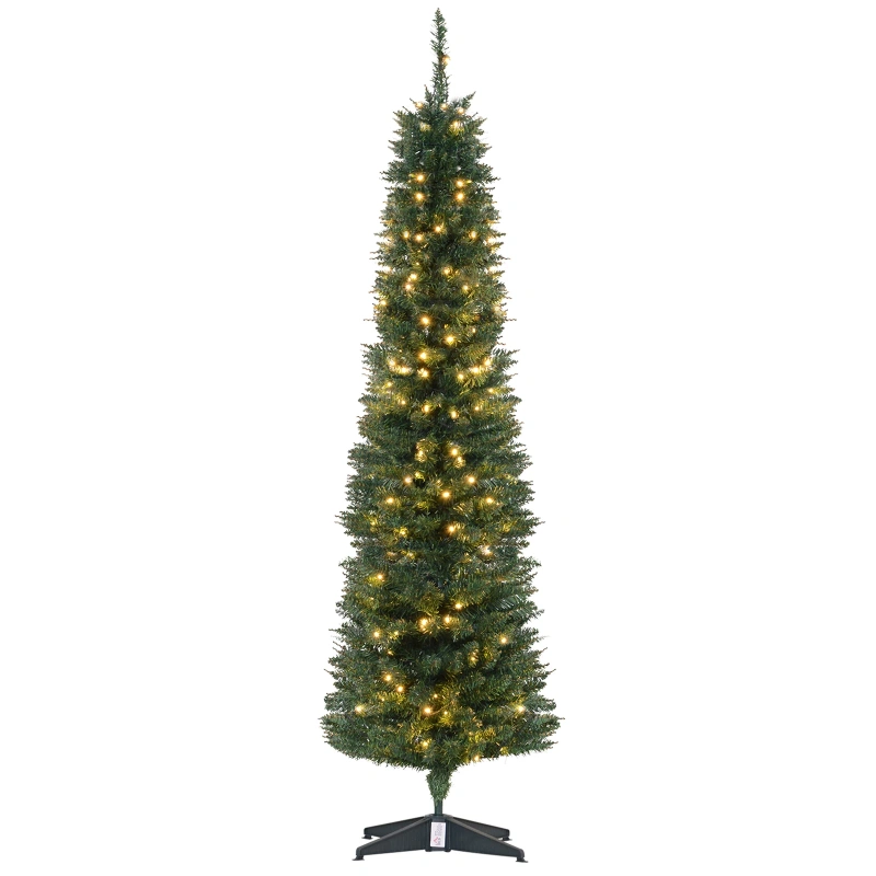 Homcom 6' Pre Lit Artificial Pencil Christmas Trees, Xmas Tree With Realistic Branches And Warm White Led Lights, Green