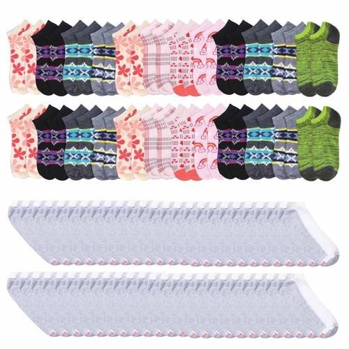 48 Pairs Total - Men's White Low Cut Socks Size 10-13 and Women's Low Cut Size 6-8 In Assorted Prints