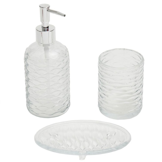 8 Pieces Home Basics Rippled 3 Piece Glass Bath Accessory Set, Clear - Shower Accessories