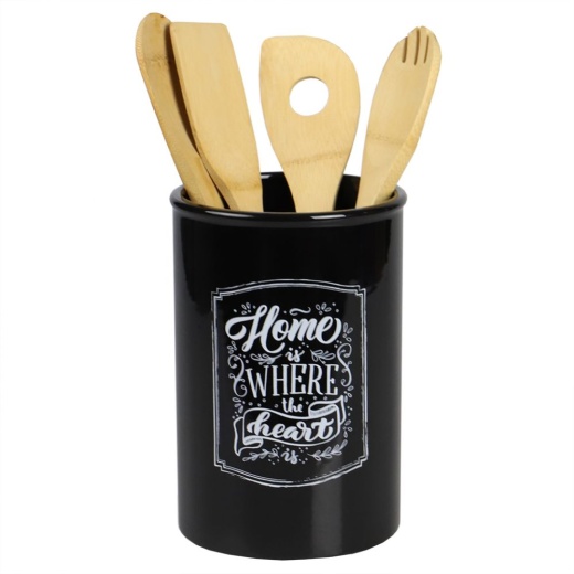 6 Pieces Home Basics Home Is Where The Heart Is Ceramic Utensil Crock, Black - Kitchen Utensils