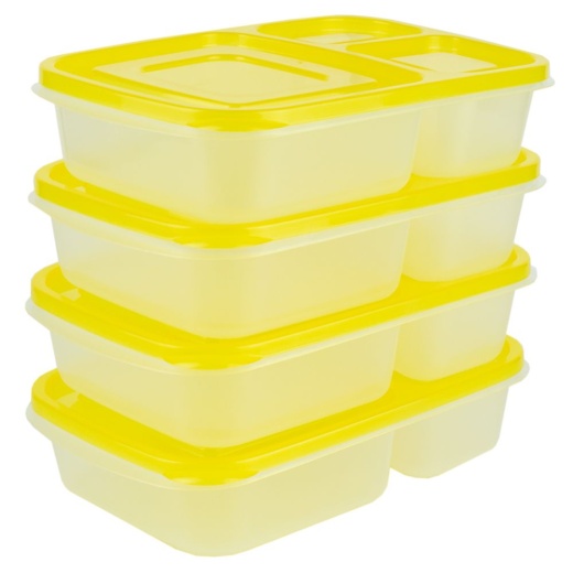 12 Pieces Home Basics 3 Section Plastic Food Storage Containers (Set Of 4) - Yellow