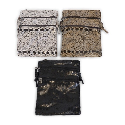 24 Pieces 9 Inch Crossbody Bags with 3 Zippered Pockets in 3 Assorted Snake Prints