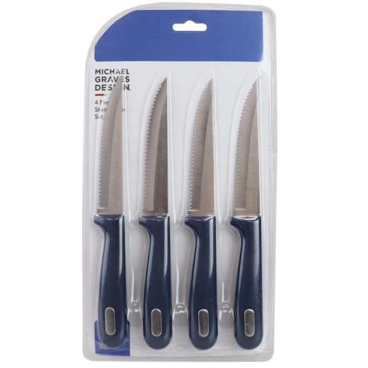 24 Pieces Michael Graves Design Comfortable Grip 4 Piece 4.5 Inch Stainless Steel Serrated Edge Steak Knife Set, Indigo - Kitchen Knives