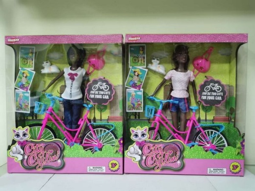 6 Pieces Girl with Bicycle and Helmet - Cat in Window Box Dolls