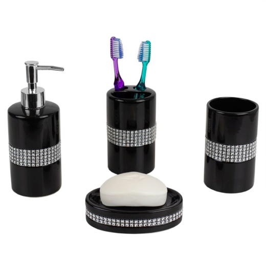 12 Pieces Home Basics 4 Piece Luxury Bath Accessory Set With Stunning Sequin Accents, Black - Shower Accessories