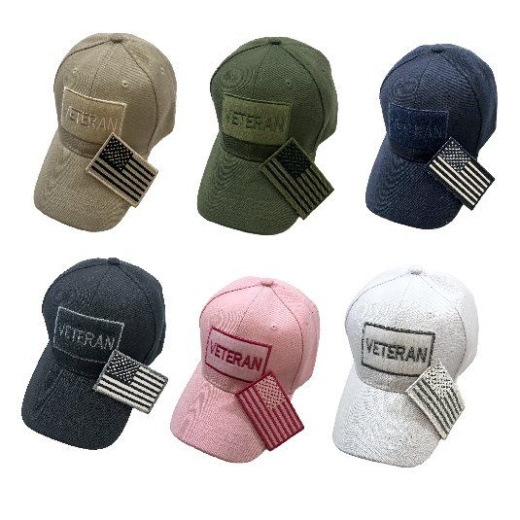 24 Pieces Embroidered Flag Hat With Detachable Patch Veteran - Baseball Caps & Snap Backs