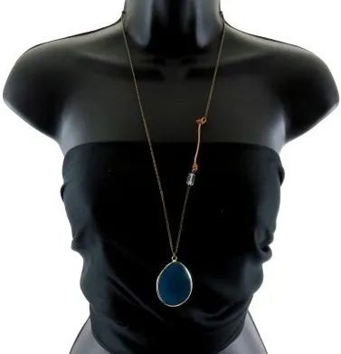 12 Pieces Long Necklace With A Two Inch Rope And Jewel On One Side Of The Necklace And One Large Oval Shaped Stone Charm - Necklace