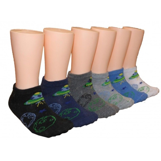 480 Pairs Boys White Low Cut Ankle Socks With Printed Space Design