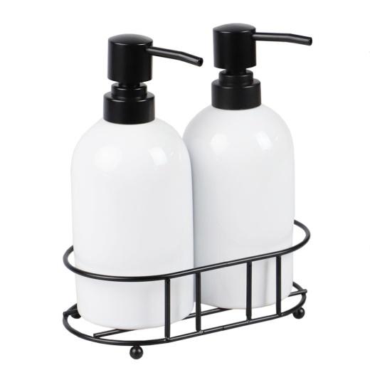 6 Pieces Home Basics 2 Piece Ceramic Soap Dispenser Set With Metal Caddy, White