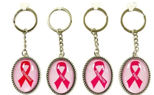 72 Pieces Oval Pink Ribbon Keychain with Words of Encouragement