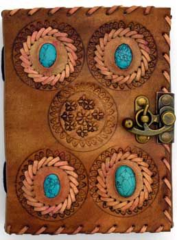 4 Turquoise Stones Leather Blank Book W/ Latch