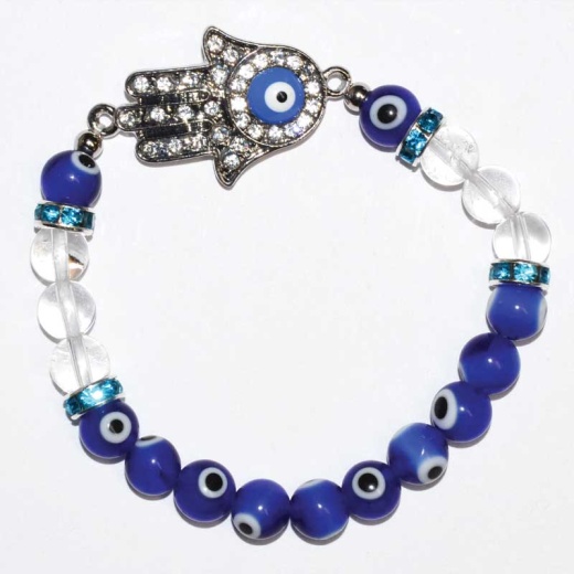 8Mm Evil Eye/Clear Quartz with Hand Accented Elastic Cord Bracelet
