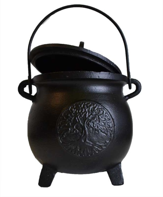 6" Tree Of Life Cast Iron Cauldron W/ Lid