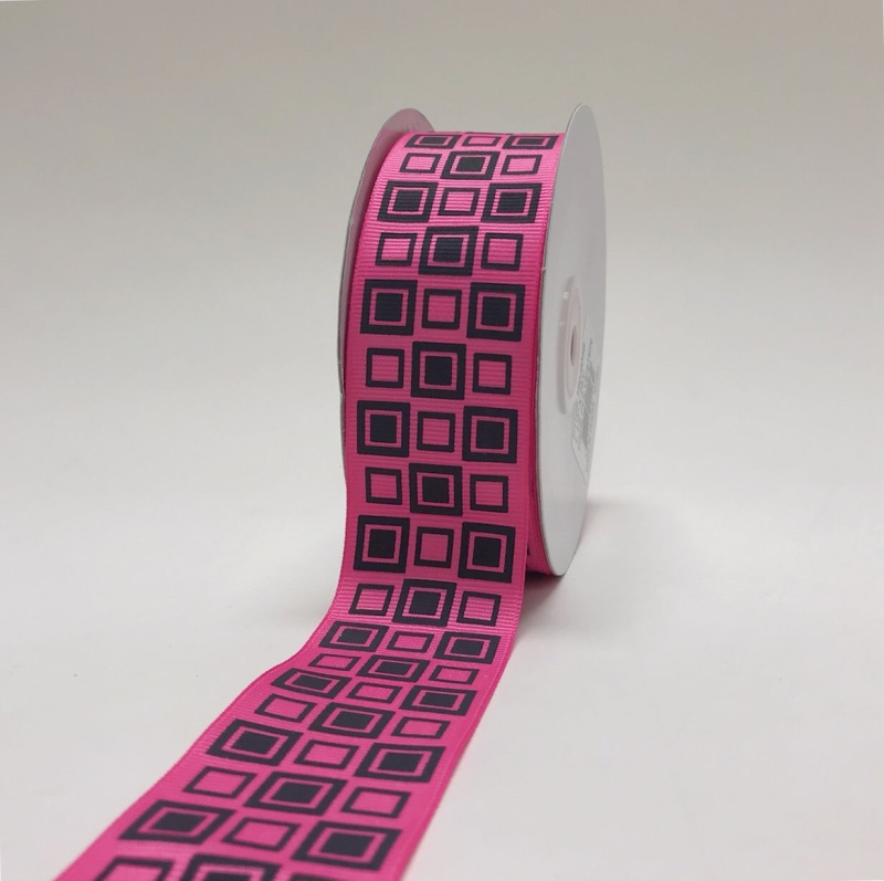 Hot Pink With Black - Square Design Grosgrain Ribbon ( 1 - 1/2 Inch | 25 Yards )
