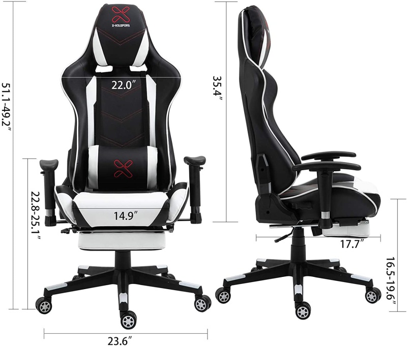 X-Volsport Gaming Chair Office High Back Chair With Footrest, Racing Style Pu Leather Ergonomic Computer Video Game Chair With Headrest And Lumbar Massage - White