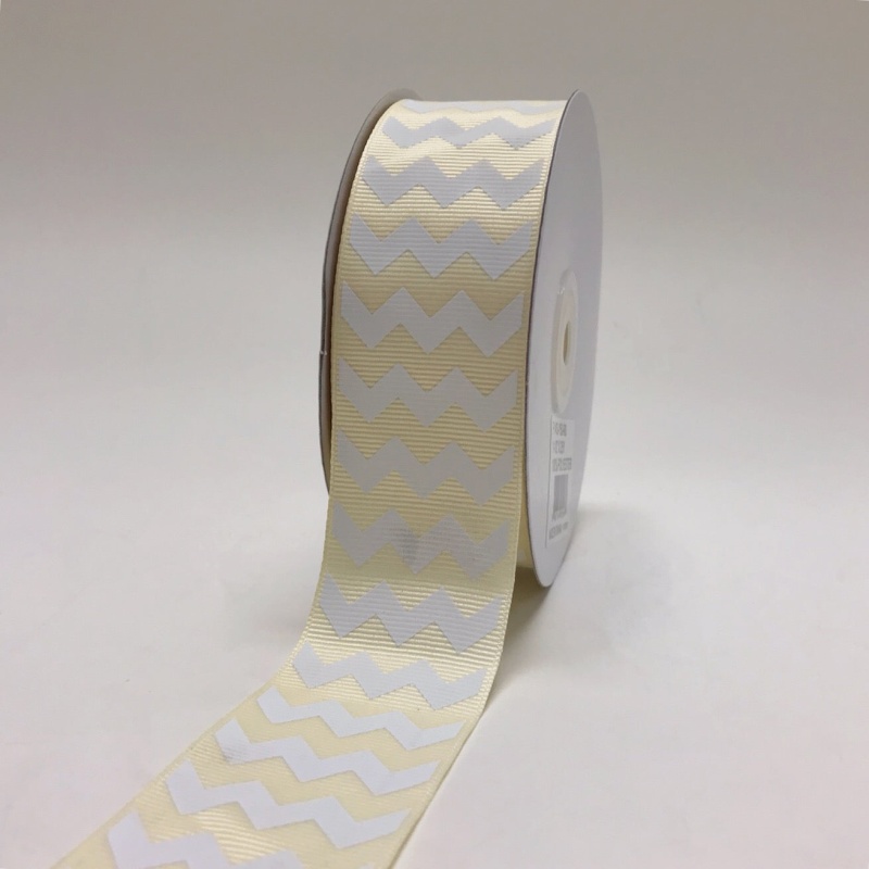 Ivory - Chevron Design Grosgrain Ribbon ( 1 - 1/2 Inch | 25 Yards )