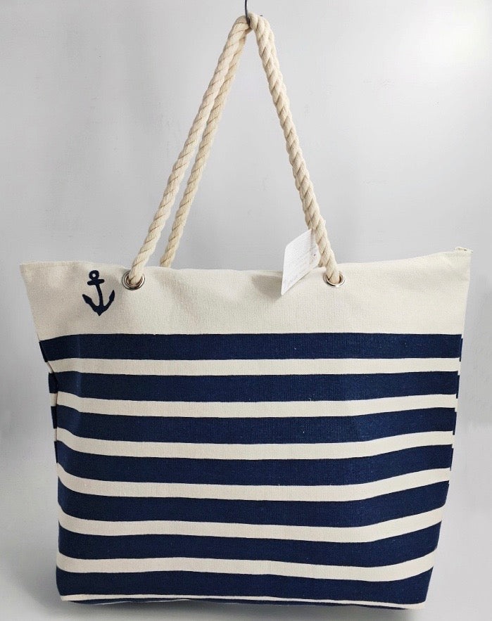 Large Tote Bag With Rope Handles - Navy Striped - 19 Inch X 15 Inch - Women Swim Pool Bag Large Tote