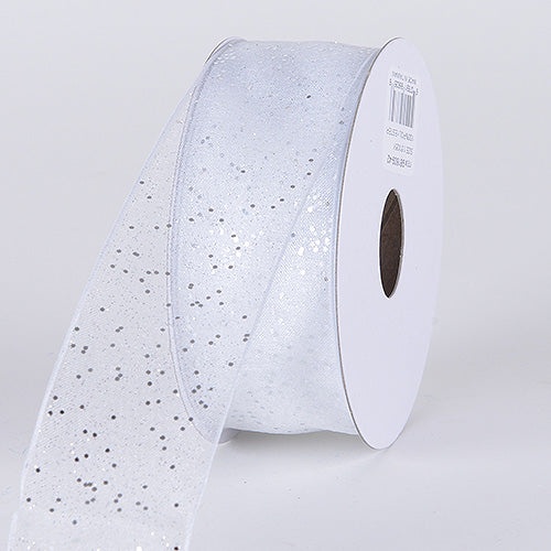 Organza Ribbon With Glitters Wired Edge White Silver ( W: 1-1/2 Inch | L: 25 Yards )