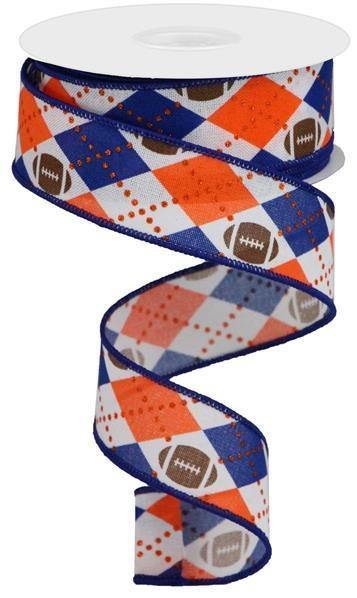 Argyle Footballs On Royal Sports Design Wired Edge Ribbon - ( 1-1/2 Inch |  10 Yards )