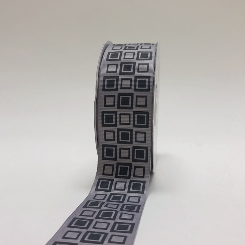Grey - Square Design Grosgrain Ribbon ( 1 - 1/2 Inch | 25 Yards )