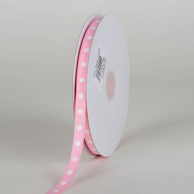 Grosgrain Ribbon Polka Dot Light Pink With White Dots ( W: 3/8 Inch | L: 50 Yards )