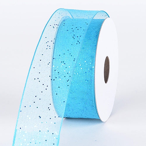 Turquoise - Organza Ribbon With Glitters Wired Edge - ( W: 1-1/2 Inch | L: 25 Yards )